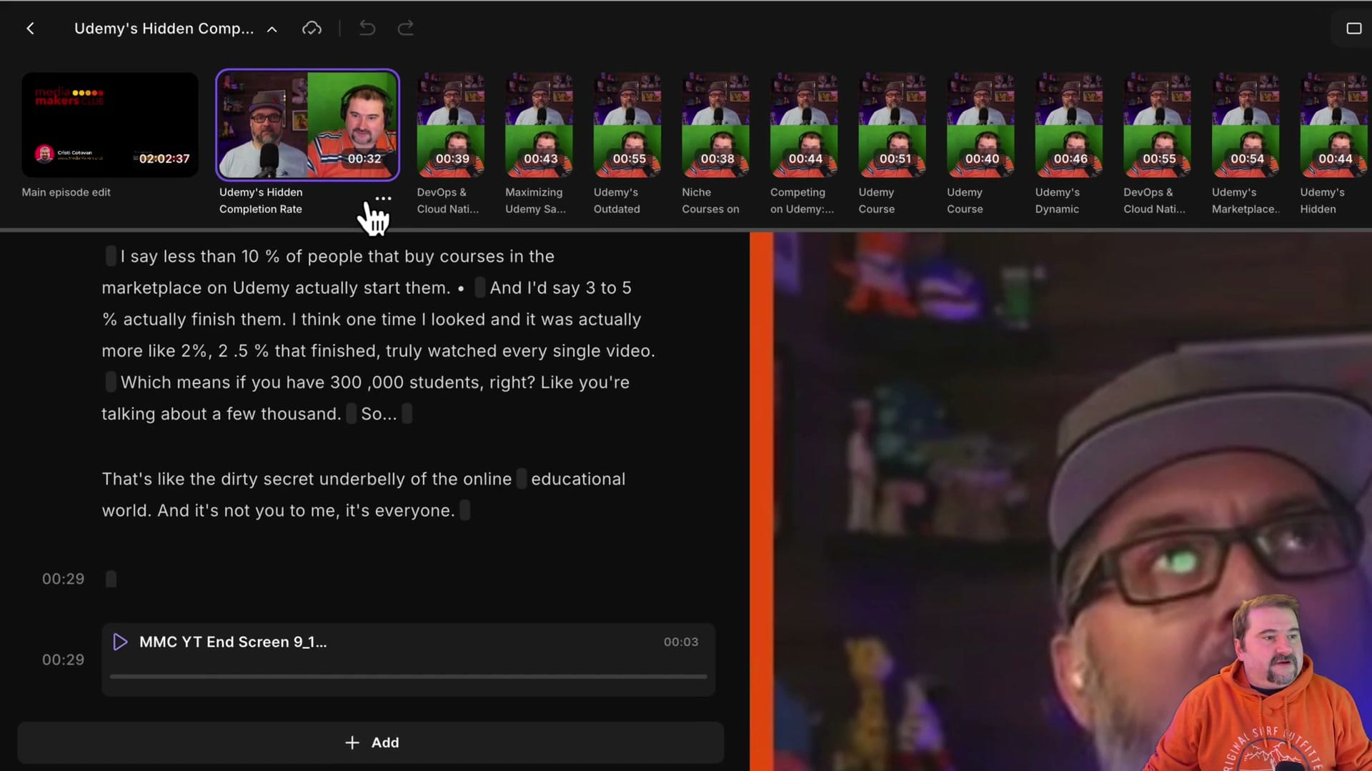 Project page showing edit thumbnails with transcript below