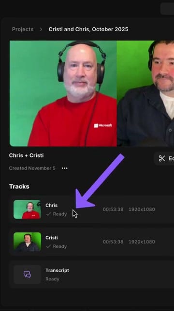 Riverside project view showing two tracks — Chris and Cristi — each 00:53:38 at 1920x1080 resolution, marked as Ready