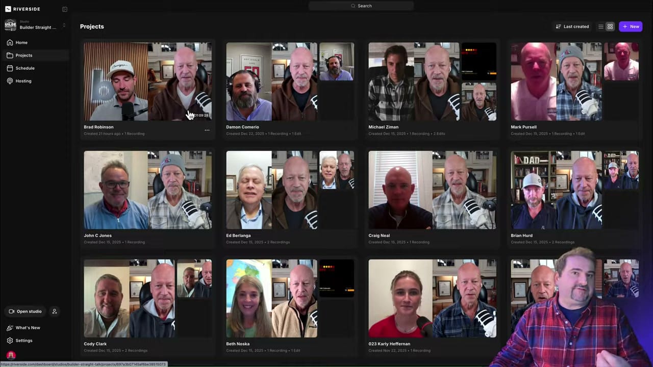 Riverside Projects page showing a grid of recorded episodes with multiple guests including Brad Robinson, Damon Comerio, Michael Ziman, Mark Pursell, and others, each with recording dates and edit counts