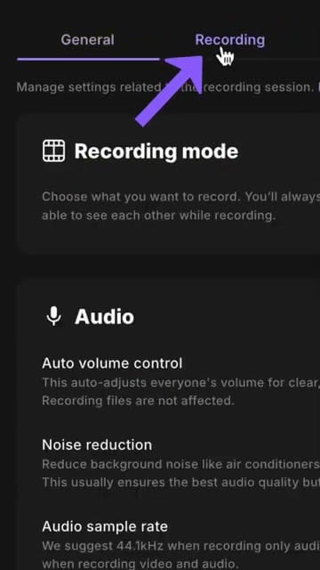 Riverside Studio settings Recording tab showing Recording mode, Audio section with Auto volume control, Noise reduction, and Audio sample rate