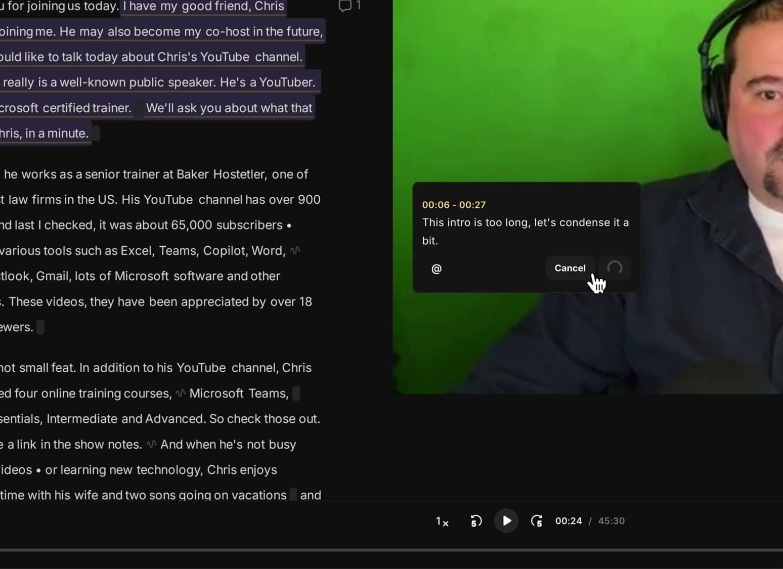 Comment popup in Riverside review view showing timestamped feedback being written