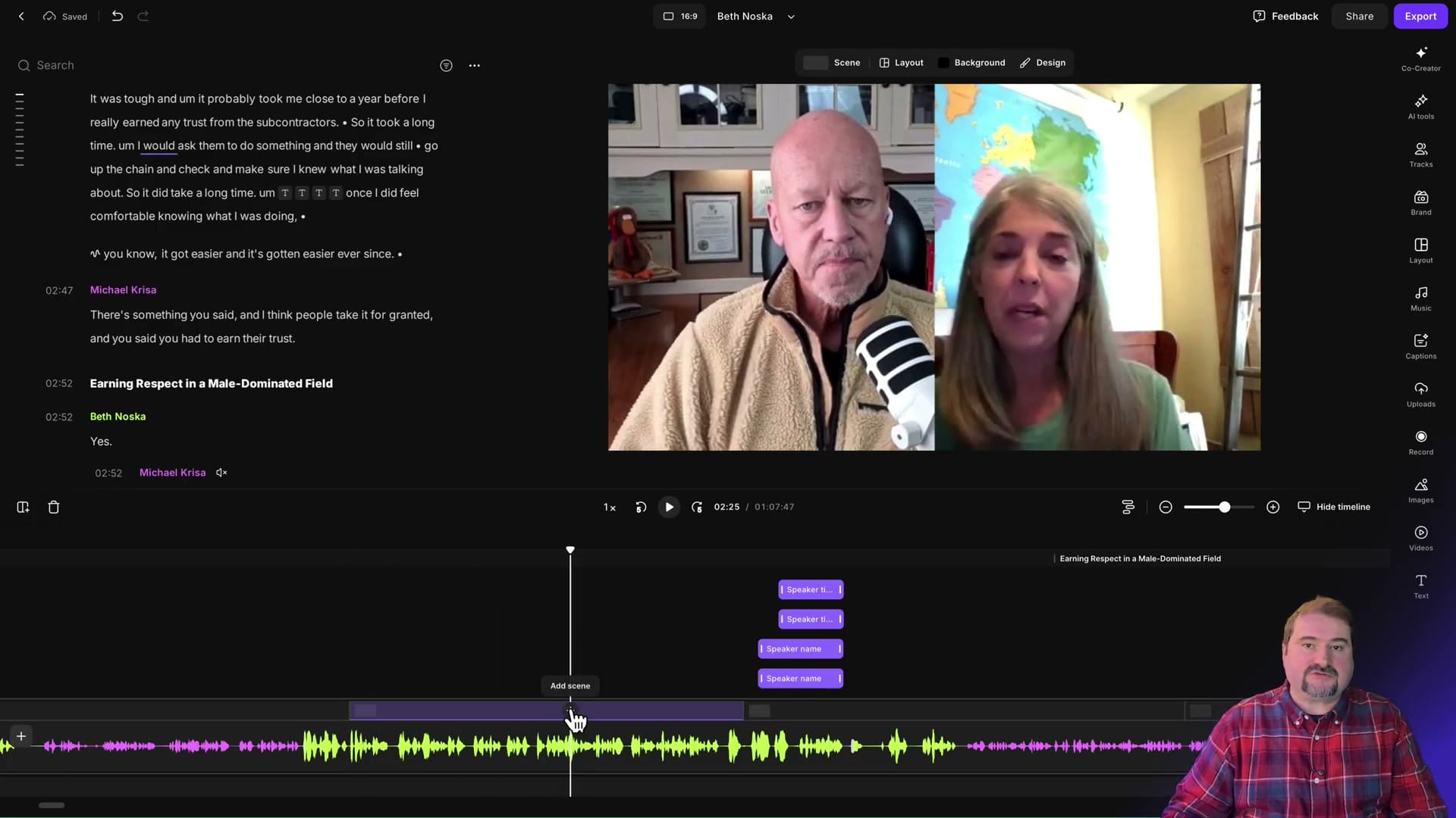 Riverside editor showing the timeline with scene sections and the Add scene button