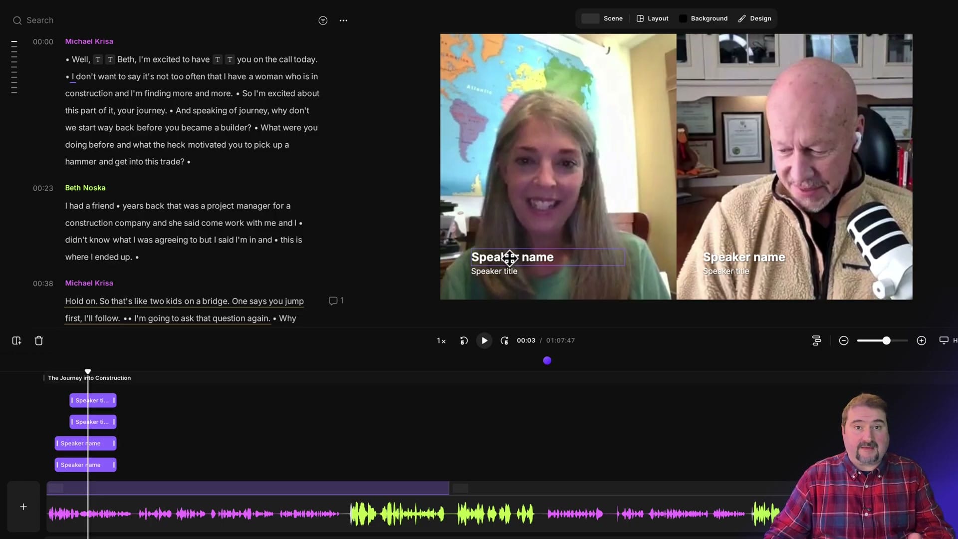 Scene template applied showing two speakers with name overlays and speaker title placeholders