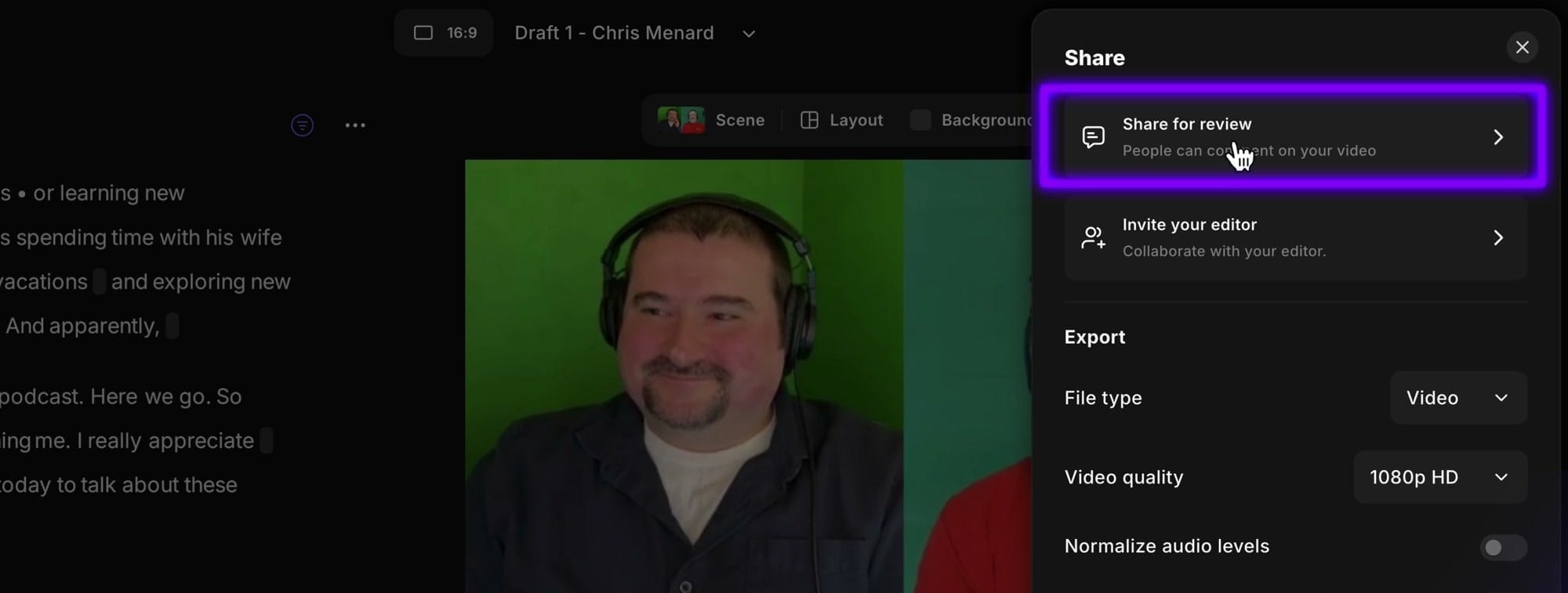 Riverside Share panel showing the Share for Review option highlighted