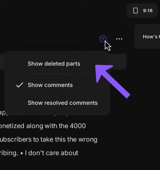 Riverside editor dropdown menu showing 'Show deleted parts' option (unchecked), 'Show comments' (checked), and 'Show resolved comments' options