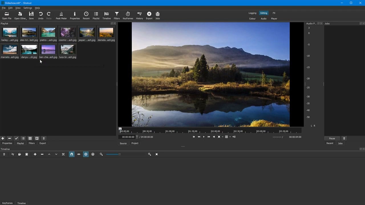 Shotcut Playlist panel showing imported landscape photos as thumbnails with preview in the viewer
