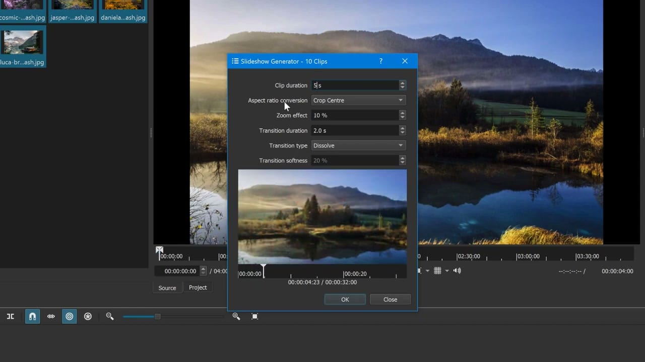 Shotcut Slideshow Generator dialog showing clip duration, zoom effect, transition type, and softness settings