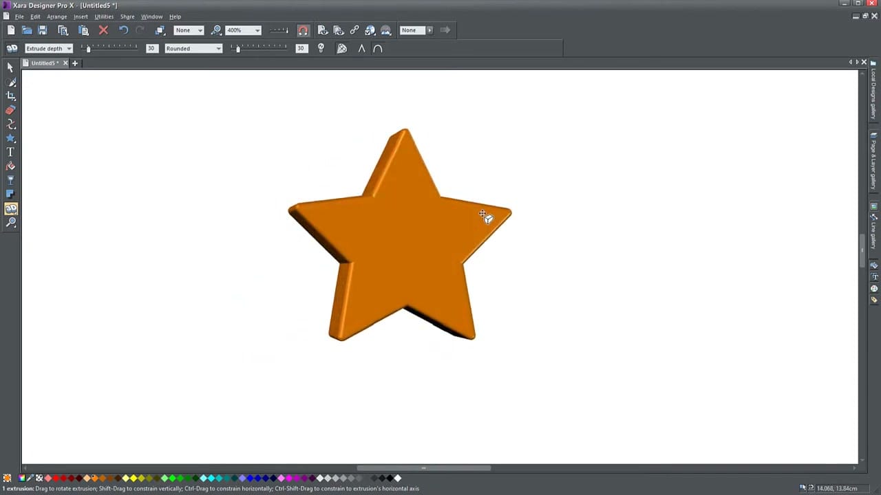 Orange 3D extruded star with glossy lighting in Xara Designer Pro X