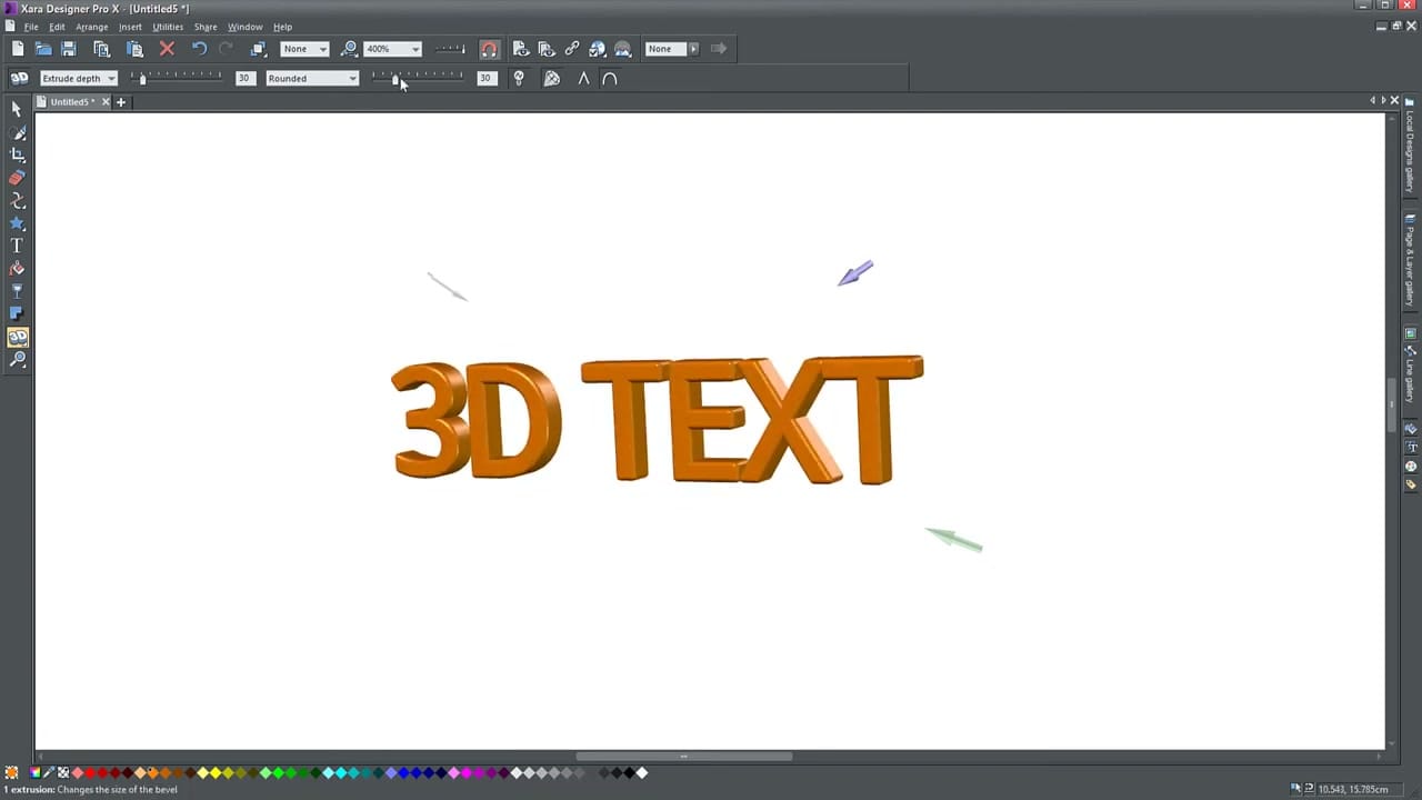 3D TEXT rendered with extrusion depth and lighting in Xara Designer Pro X