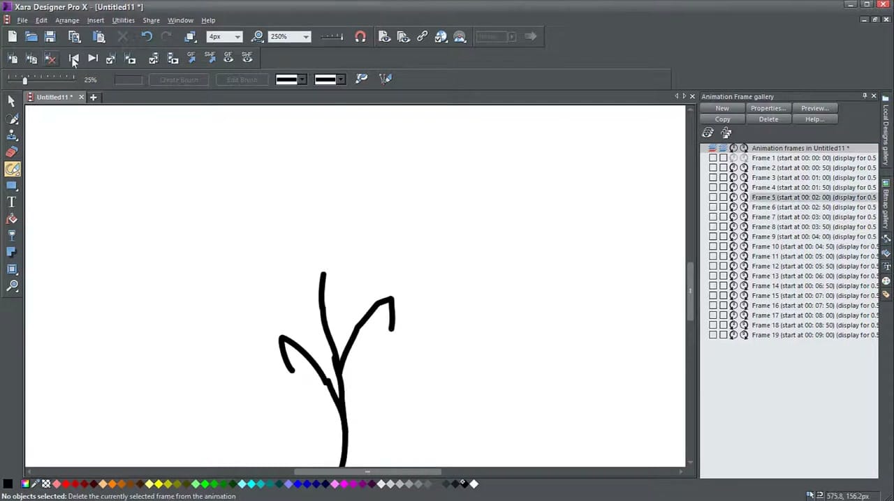Animation Frame gallery in Xara showing 19 frames with a plant drawing on canvas