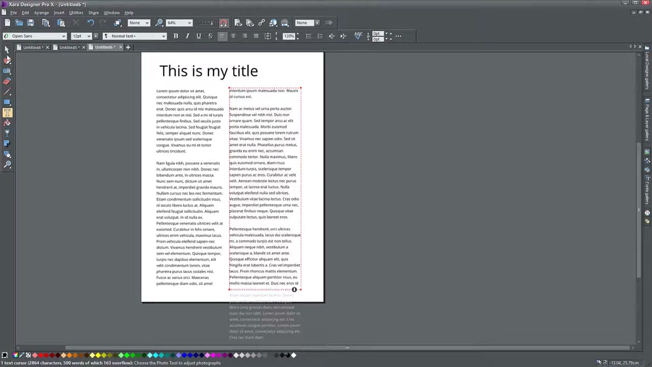 Two-column text layout in Xara with title and Lorem ipsum flowing across columns