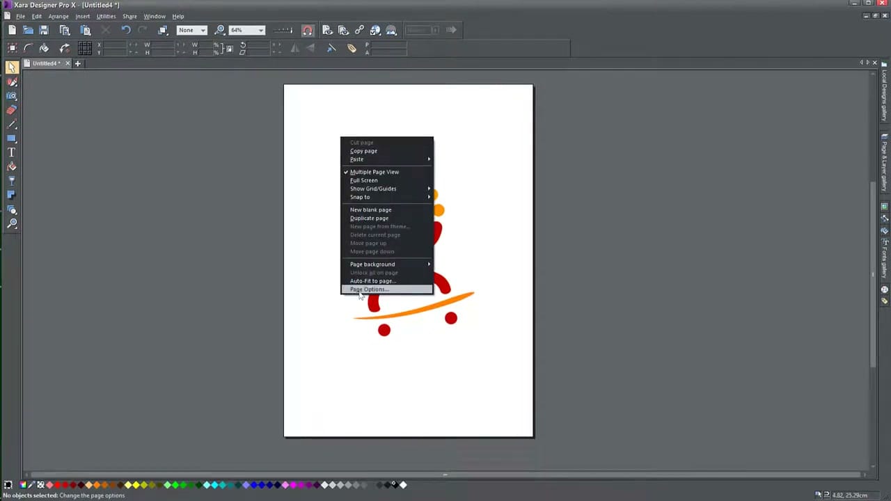 Right-click context menu in Xara showing Page Options, Auto-Fit, and Page background options