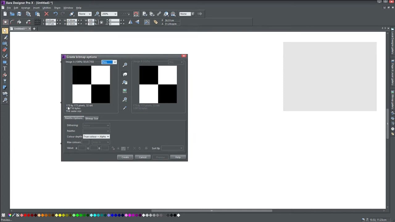 Create Bitmap Copy dialog in Xara