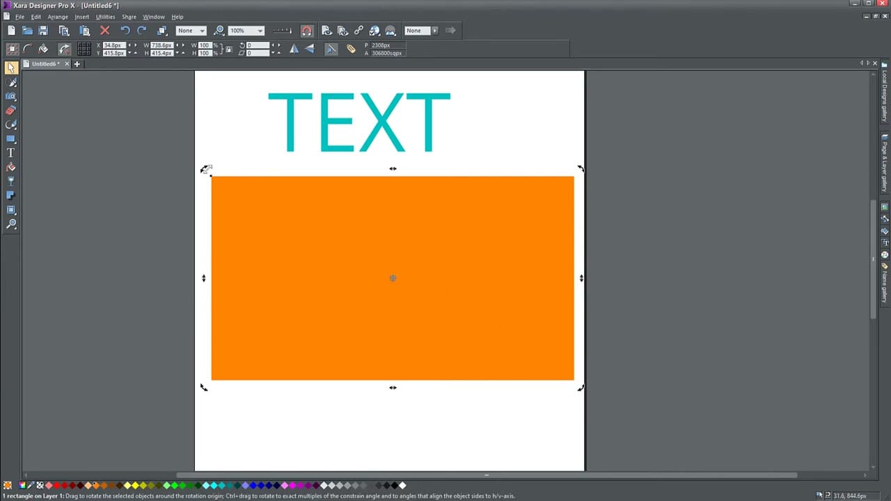 Selector tool resize handles and info bar in Xara