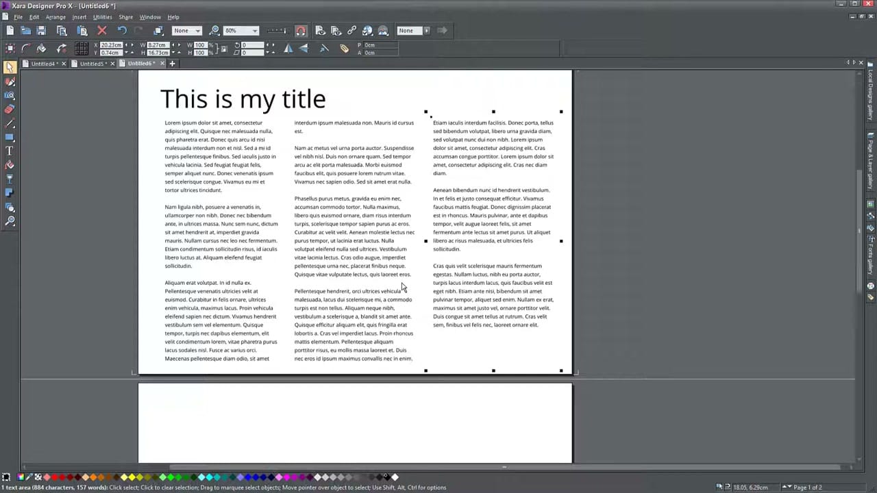 Three-column linked text boxes in Xara spanning a full page layout