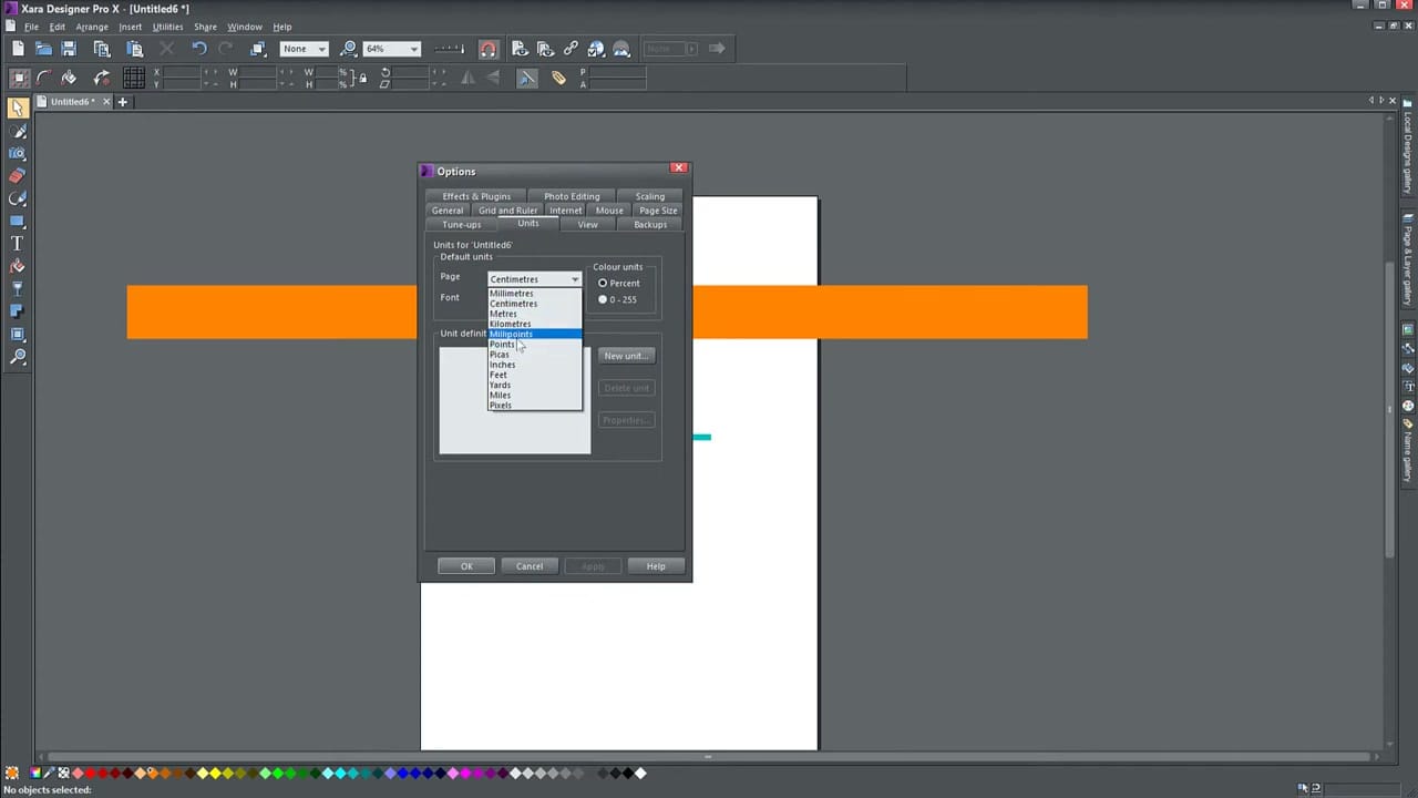 Units options dialog in Xara Designer