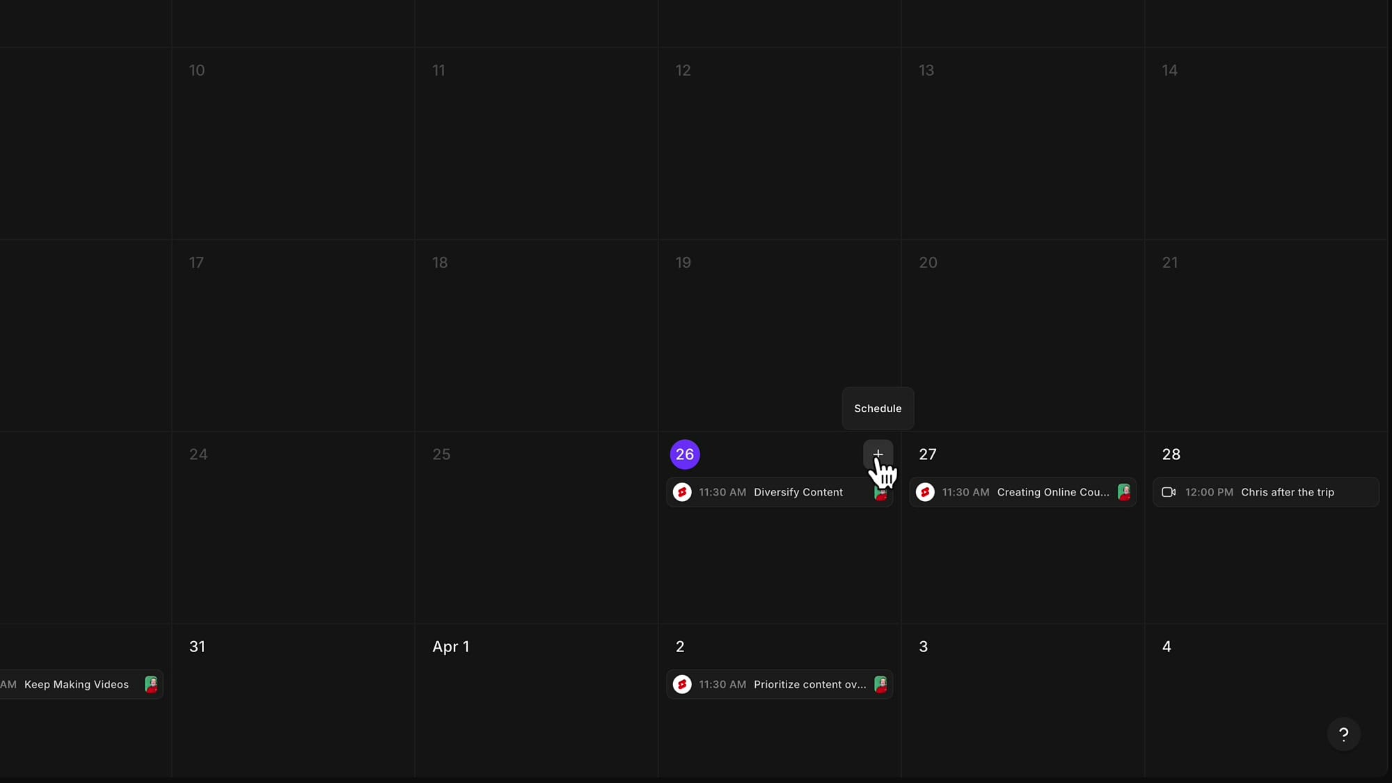 Riverside Content Planner month calendar view showing scheduled events and the plus button
