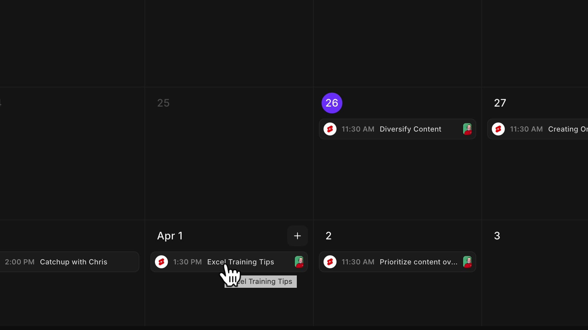Content Planner calendar showing a scheduled YouTube social media post for Excel Training Tips
