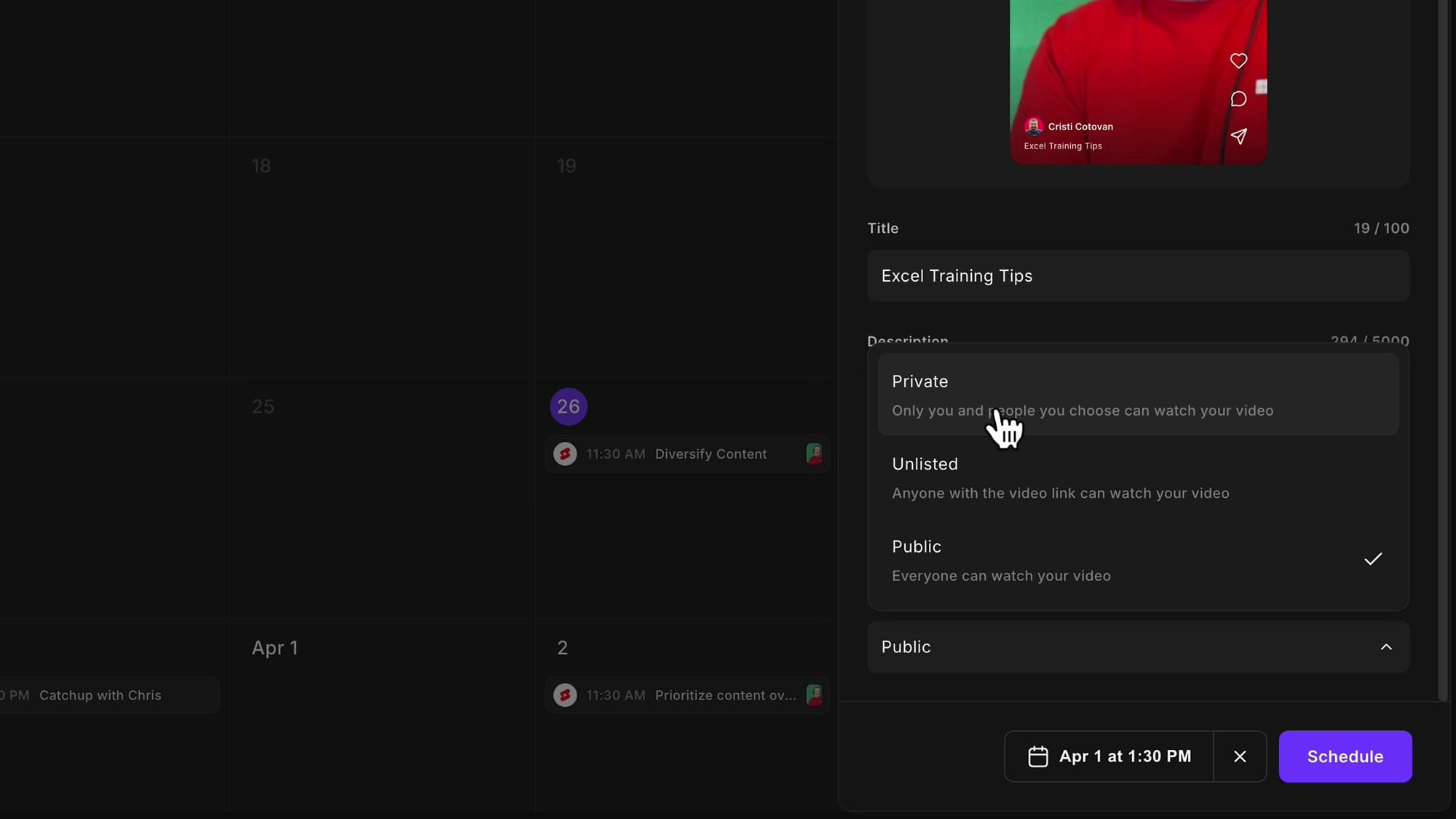 Visibility options showing Private, Unlisted, and Public with descriptions