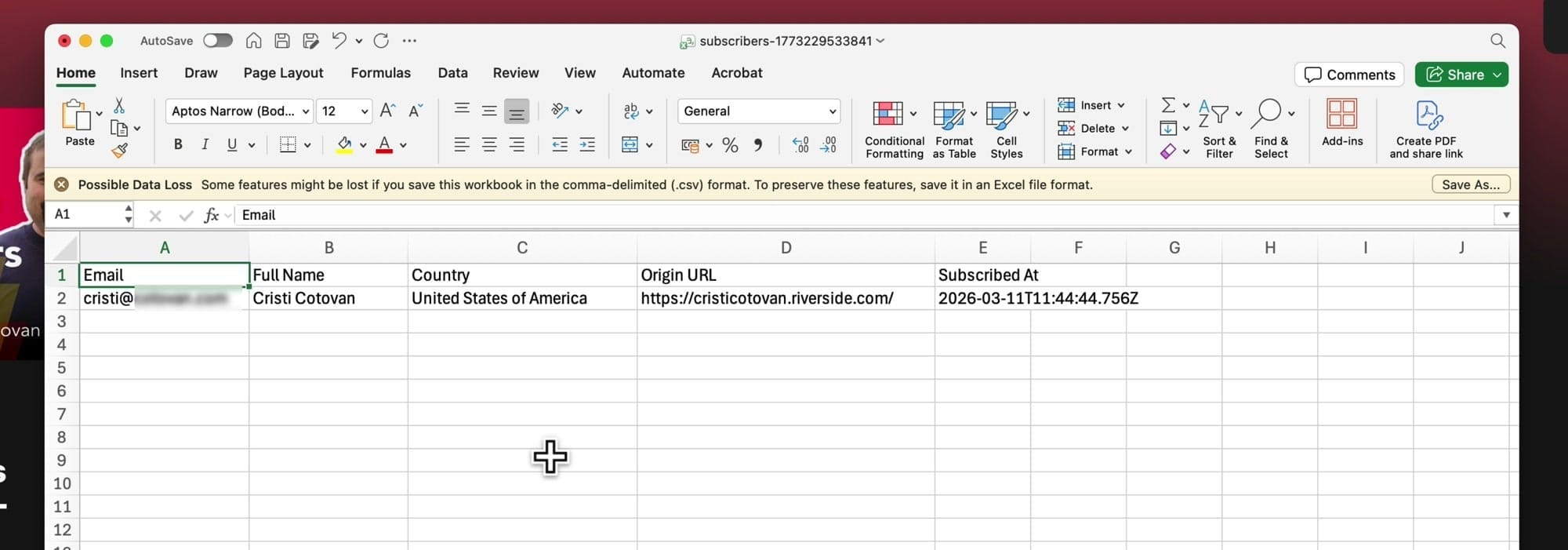 CSV spreadsheet opened in Excel showing subscriber data columns: Email, Full Name, Country, Origin URL, Subscribed At