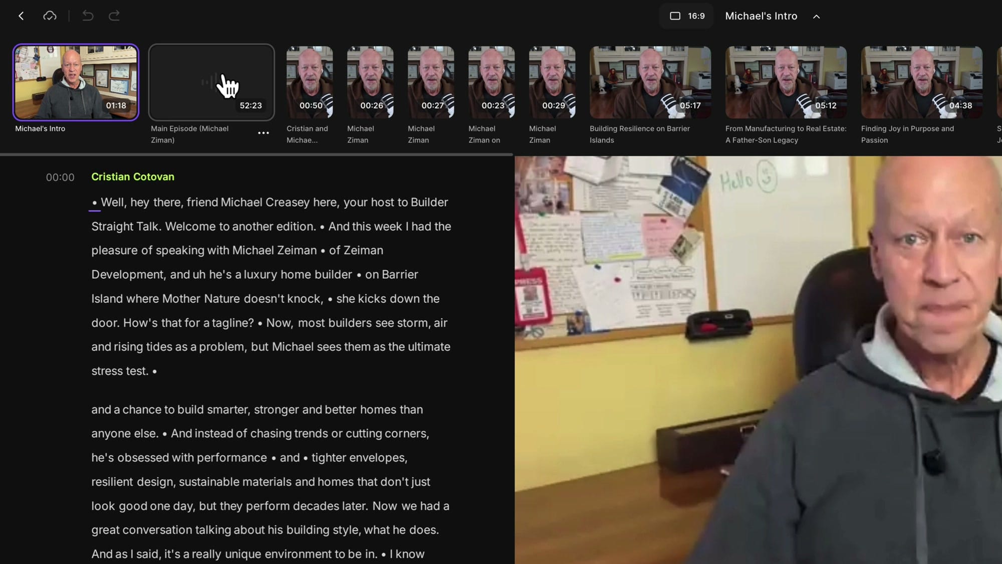 Riverside editor showing the dropdown at the top with all edits in the project listed including Michael's Intro and Main Episode