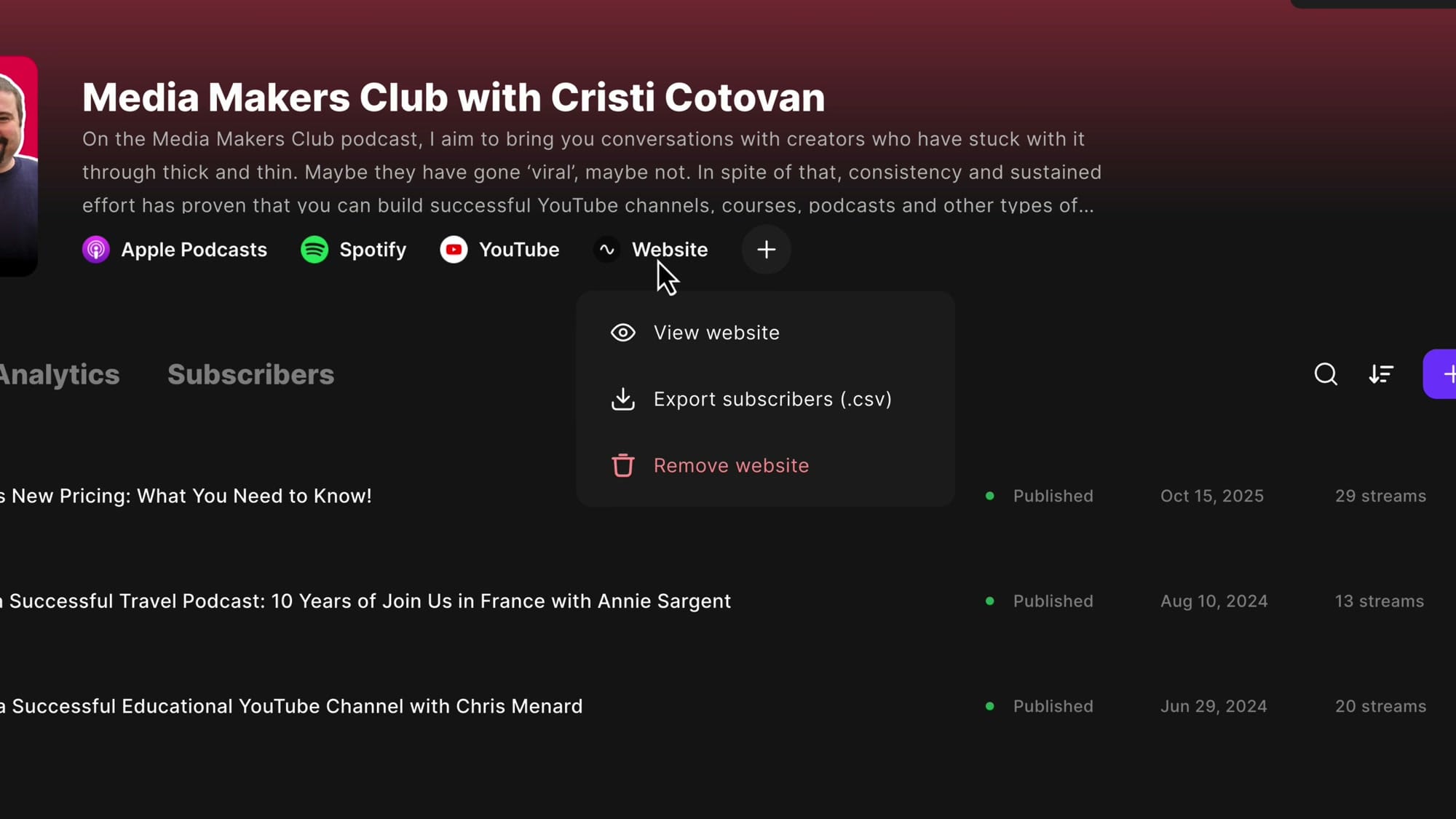 Riverside studio showing Website dropdown menu with Export subscribers CSV option