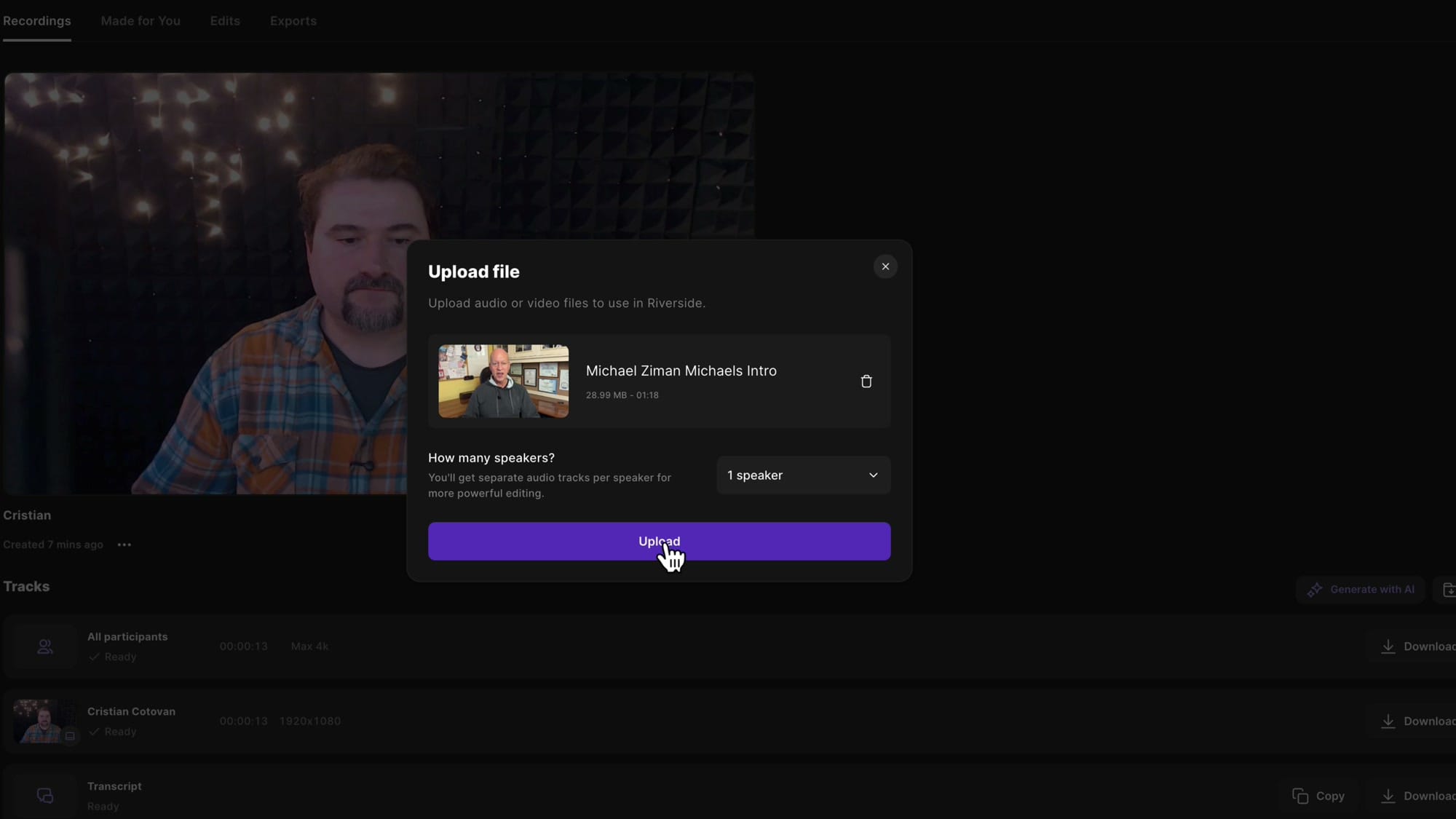 Riverside Upload file dialog showing a selected MP4 file with How many speakers selector and Upload button