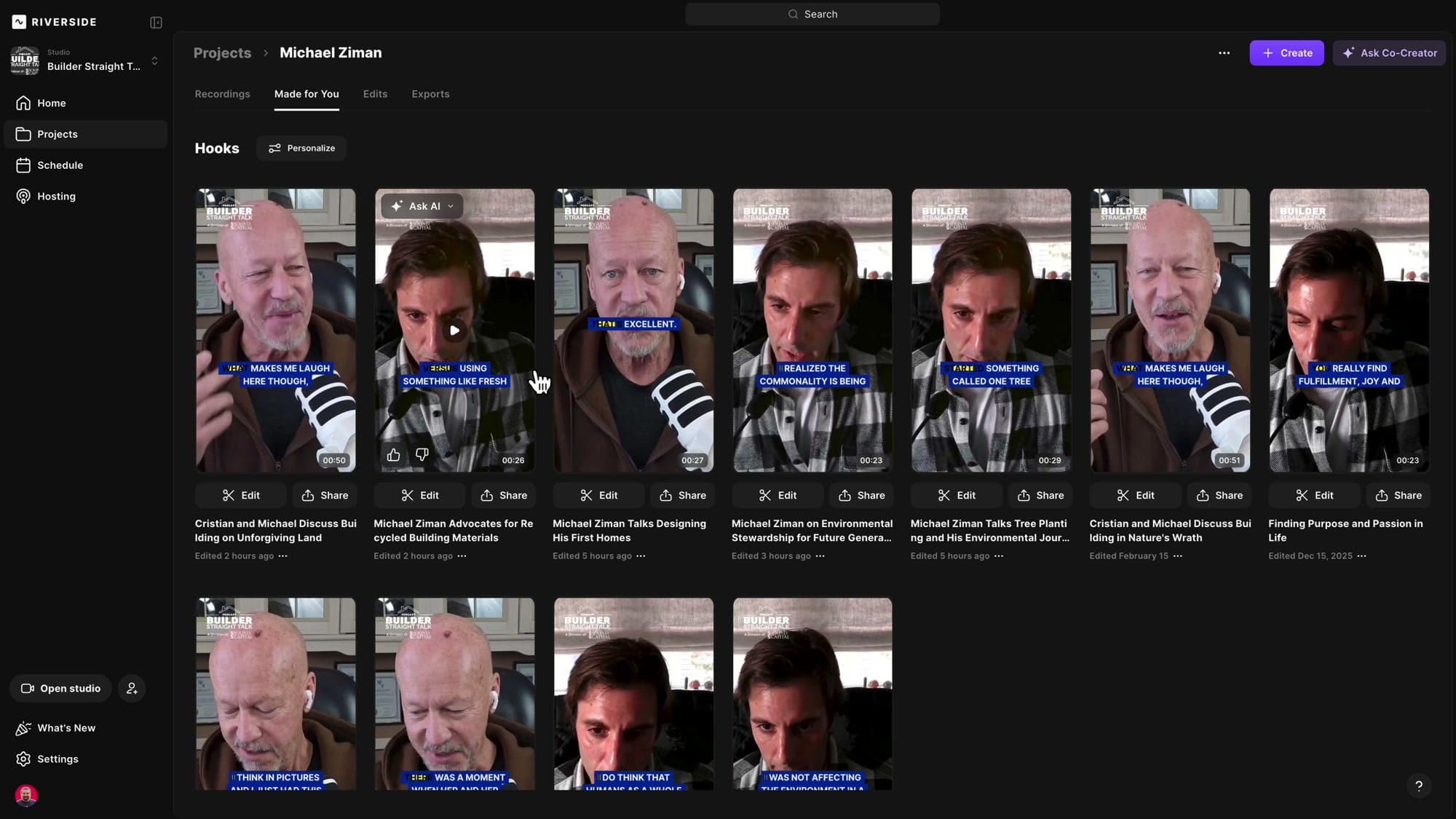 Riverside Made for You section showing a grid of AI-generated vertical hook clips with Edit and Share buttons