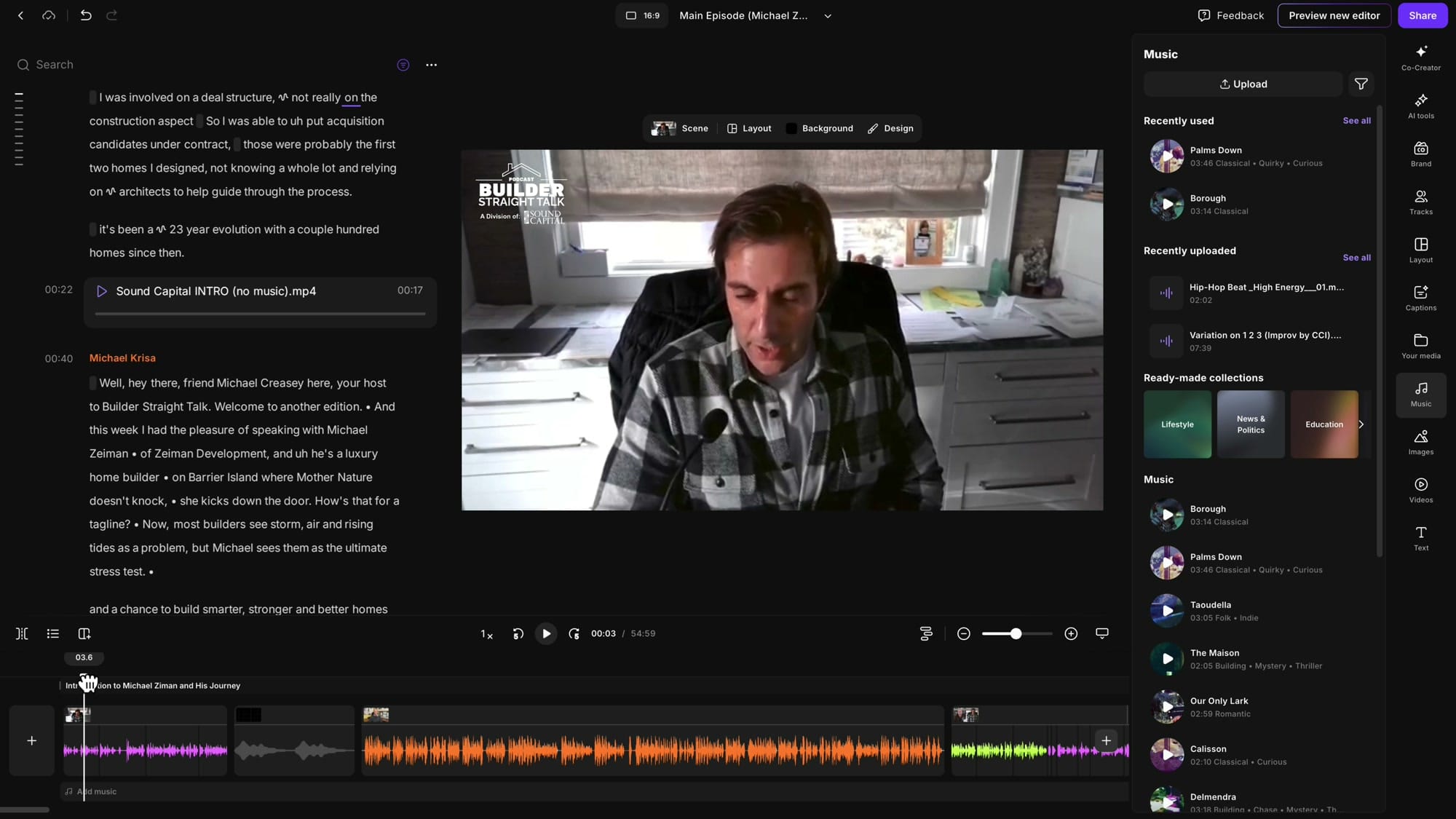 Riverside Music panel showing Recently used and Recently uploaded sections with stock media tracks and an Add music track at the bottom of the timeline