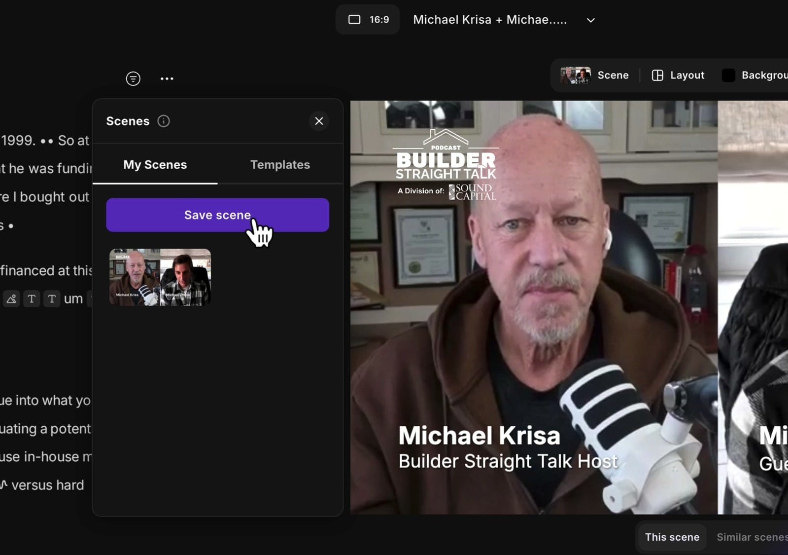 Riverside Scenes panel with My Scenes tab selected showing Save scene button and one saved scene thumbnail