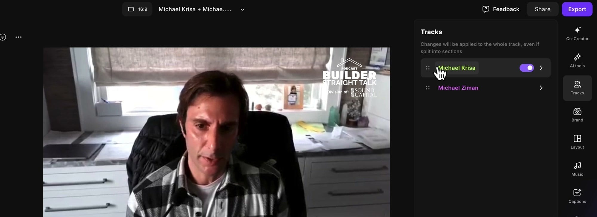 Riverside Tracks panel showing Michael Krisa with toggle switch and Michael Ziman listed, with solo speaker view on canvas