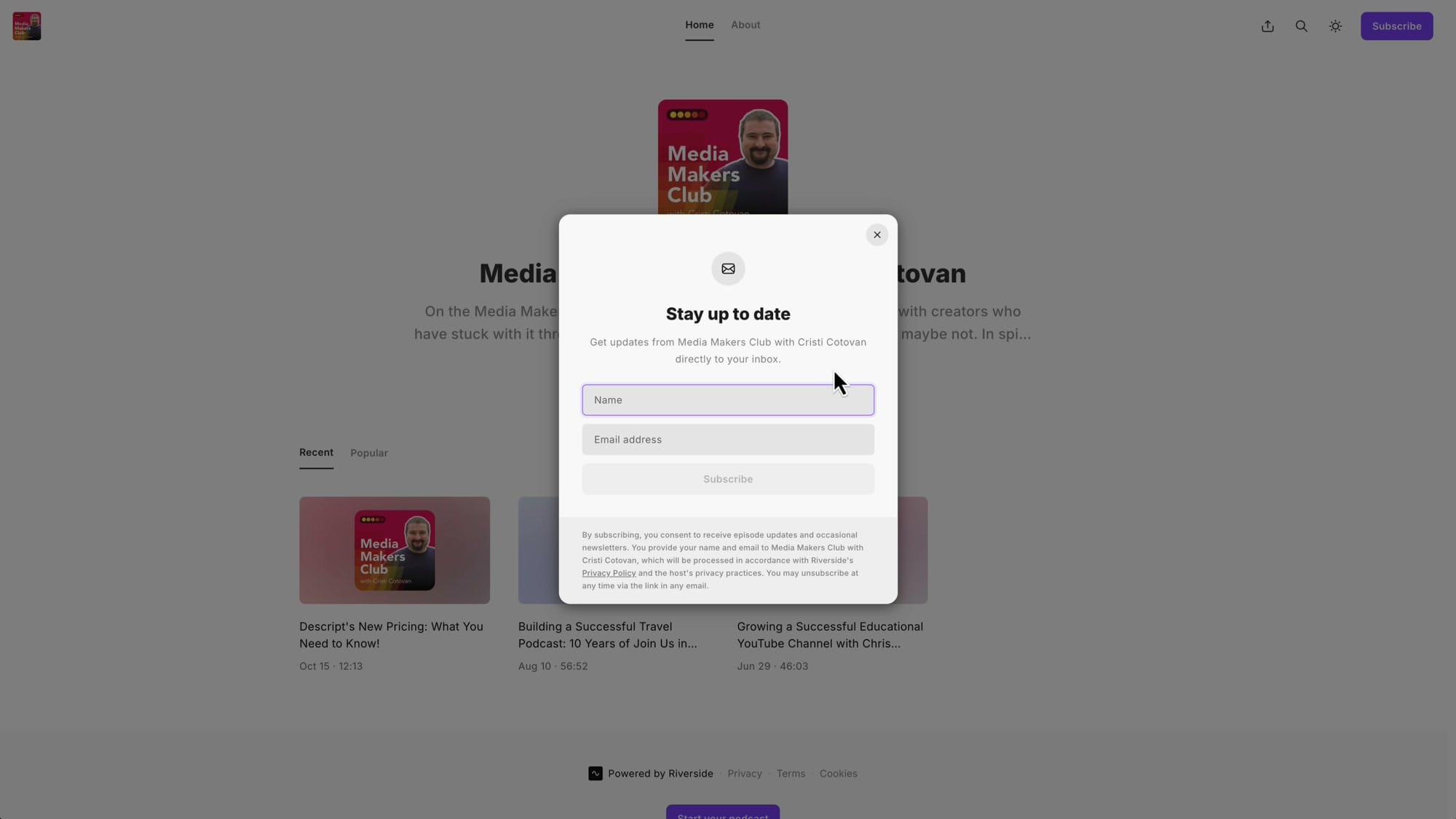 Riverside podcast website subscribe modal showing Name and Email fields with Subscribe button