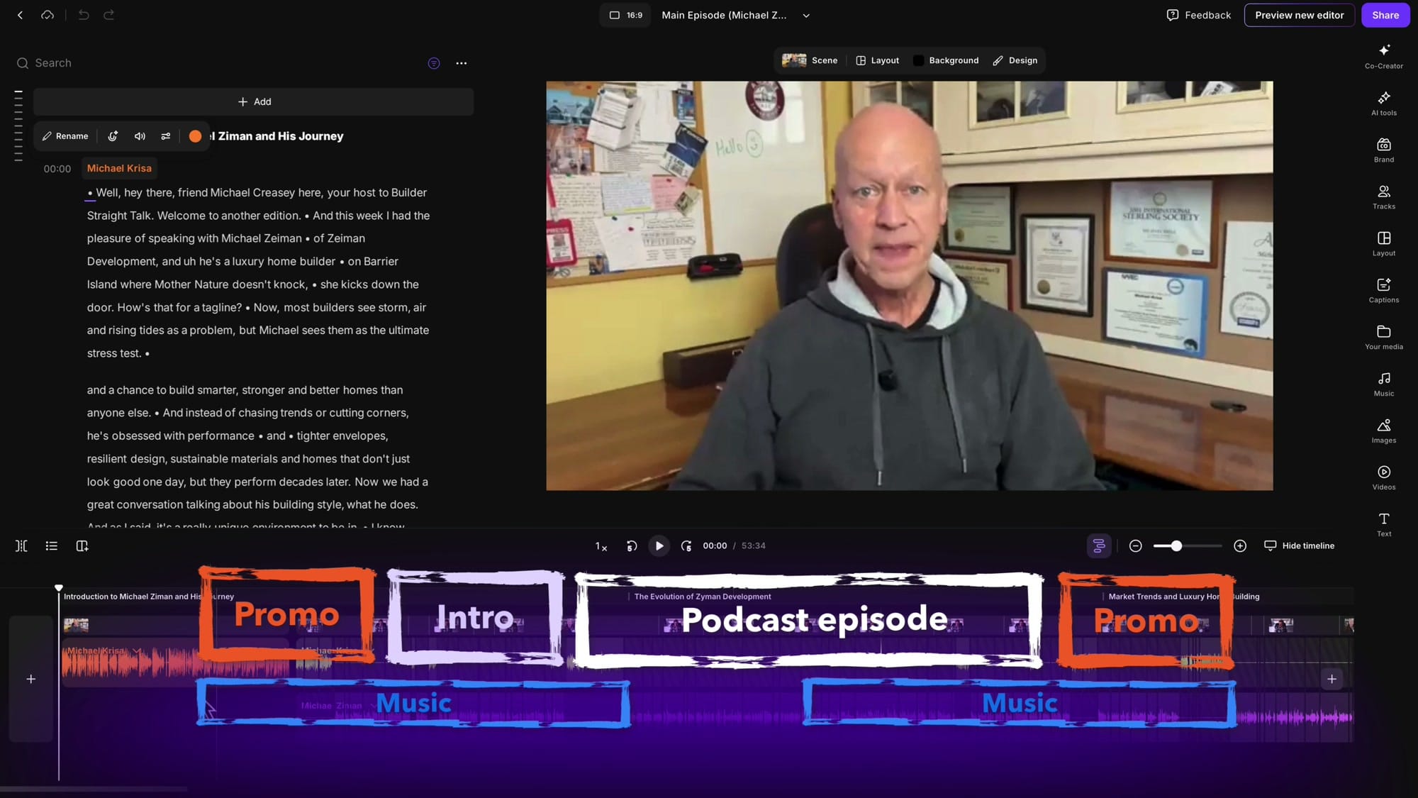 Riverside timeline showing labeled segments: Promo, Intro, Podcast episode, Promo, and Music track at the bottom