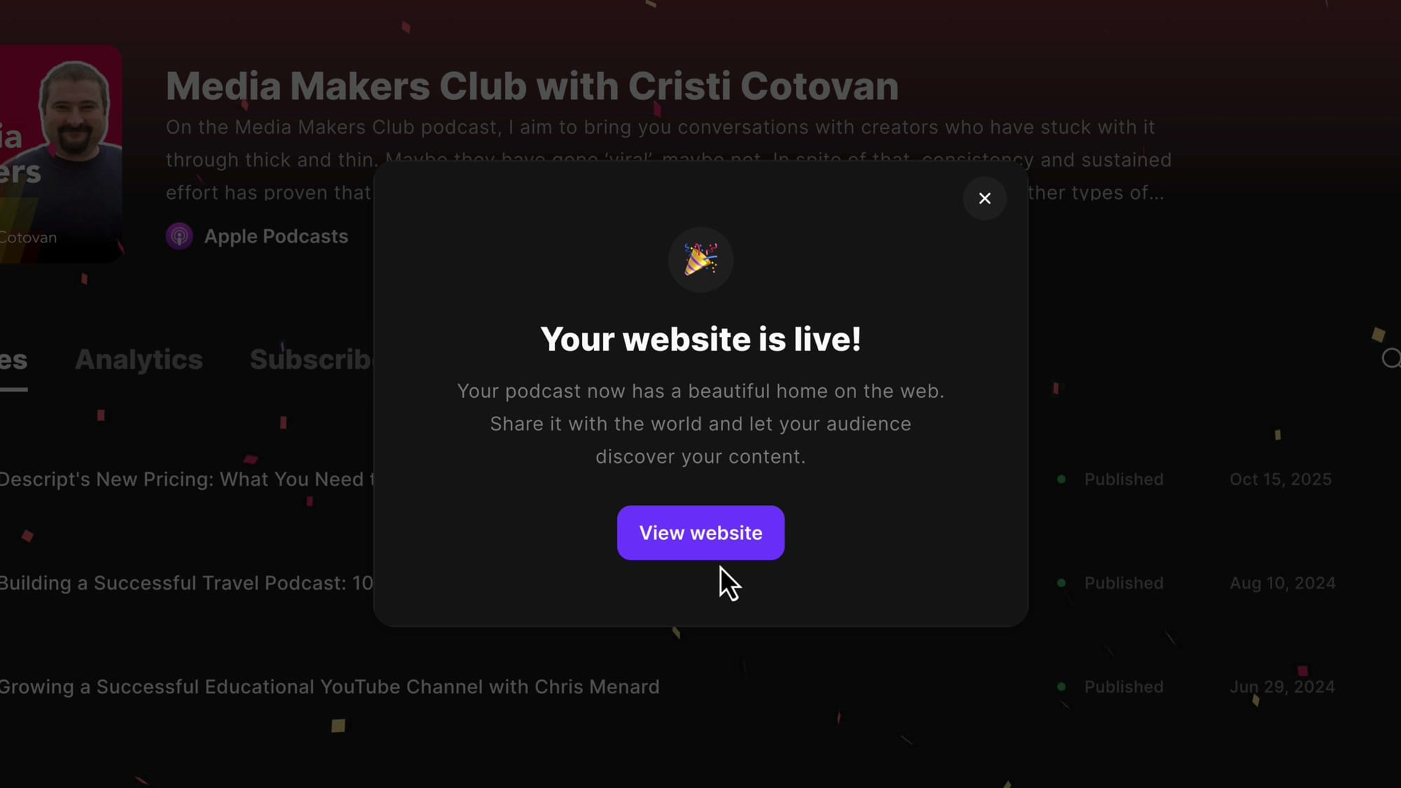 Riverside confirmation screen showing Your website is live with confetti animation
