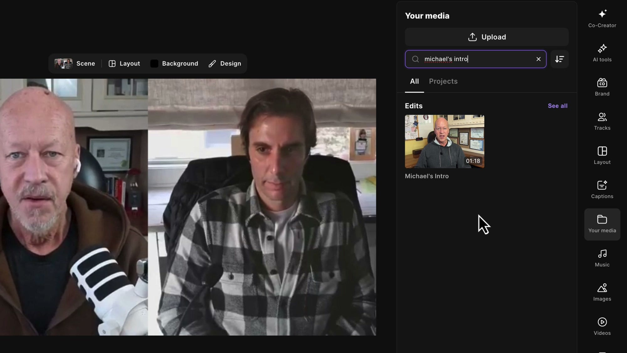 Your Media panel in Riverside with search for michael's intro showing the matching edit result