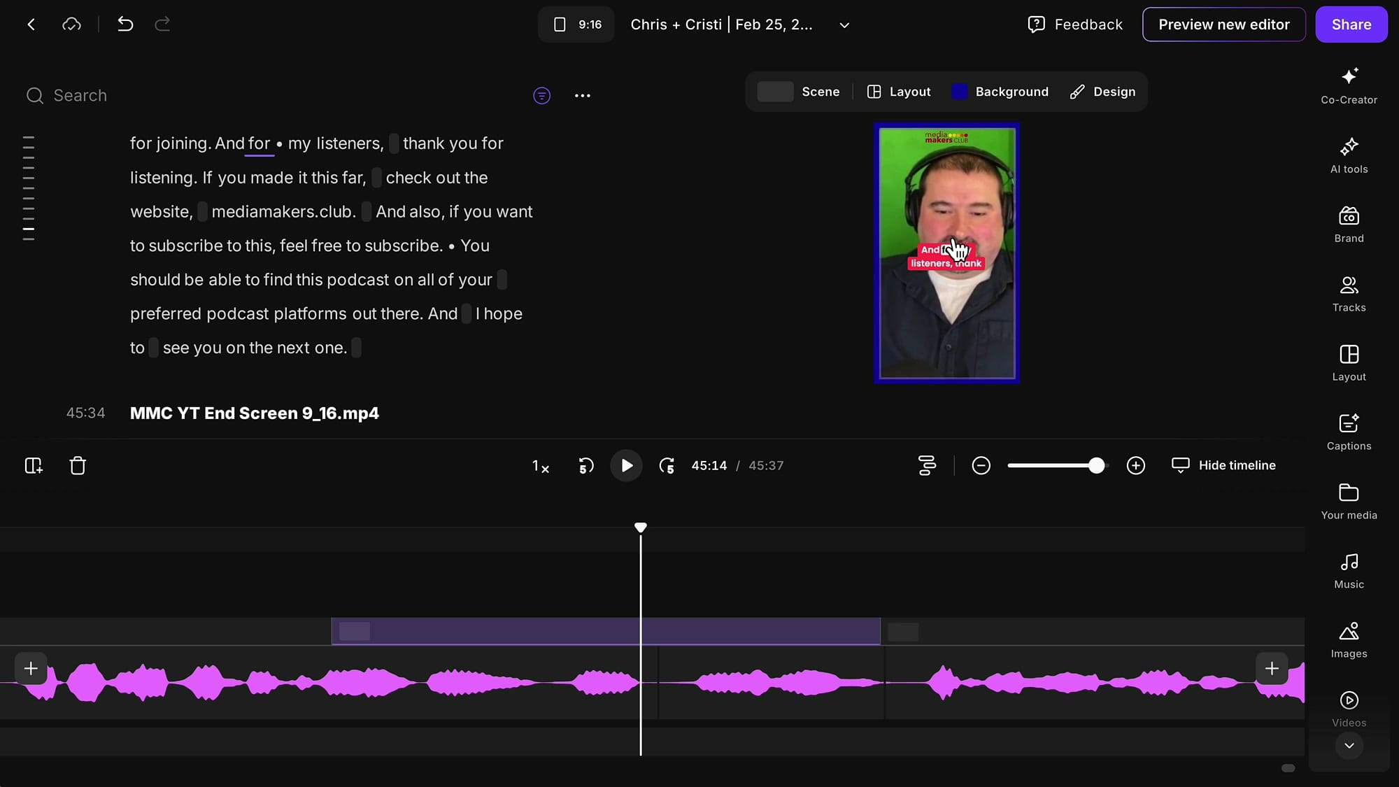 Captions overlapping the speaker face in 9:16 vertical format
