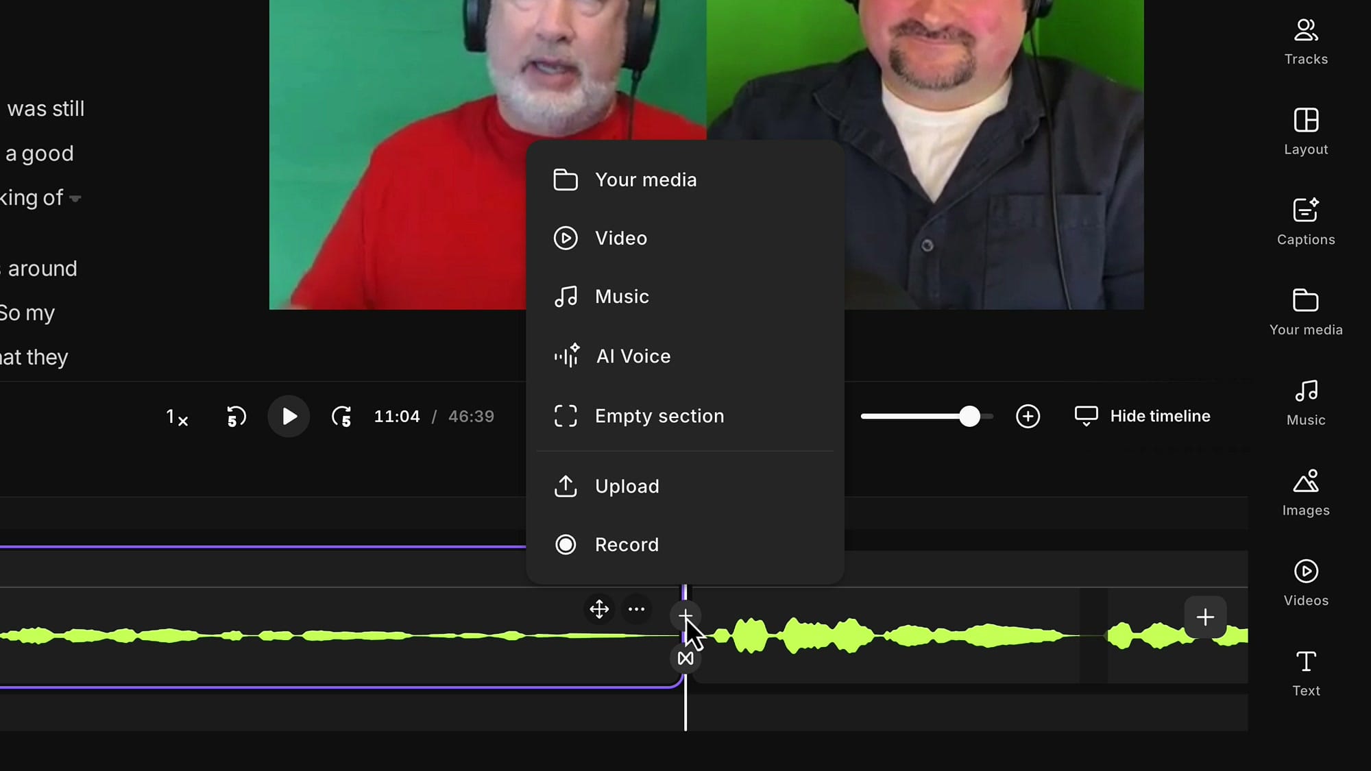 Riverside Add Section menu showing options for Your media, Video, Music, AI Voice, Empty section, Upload, and Record