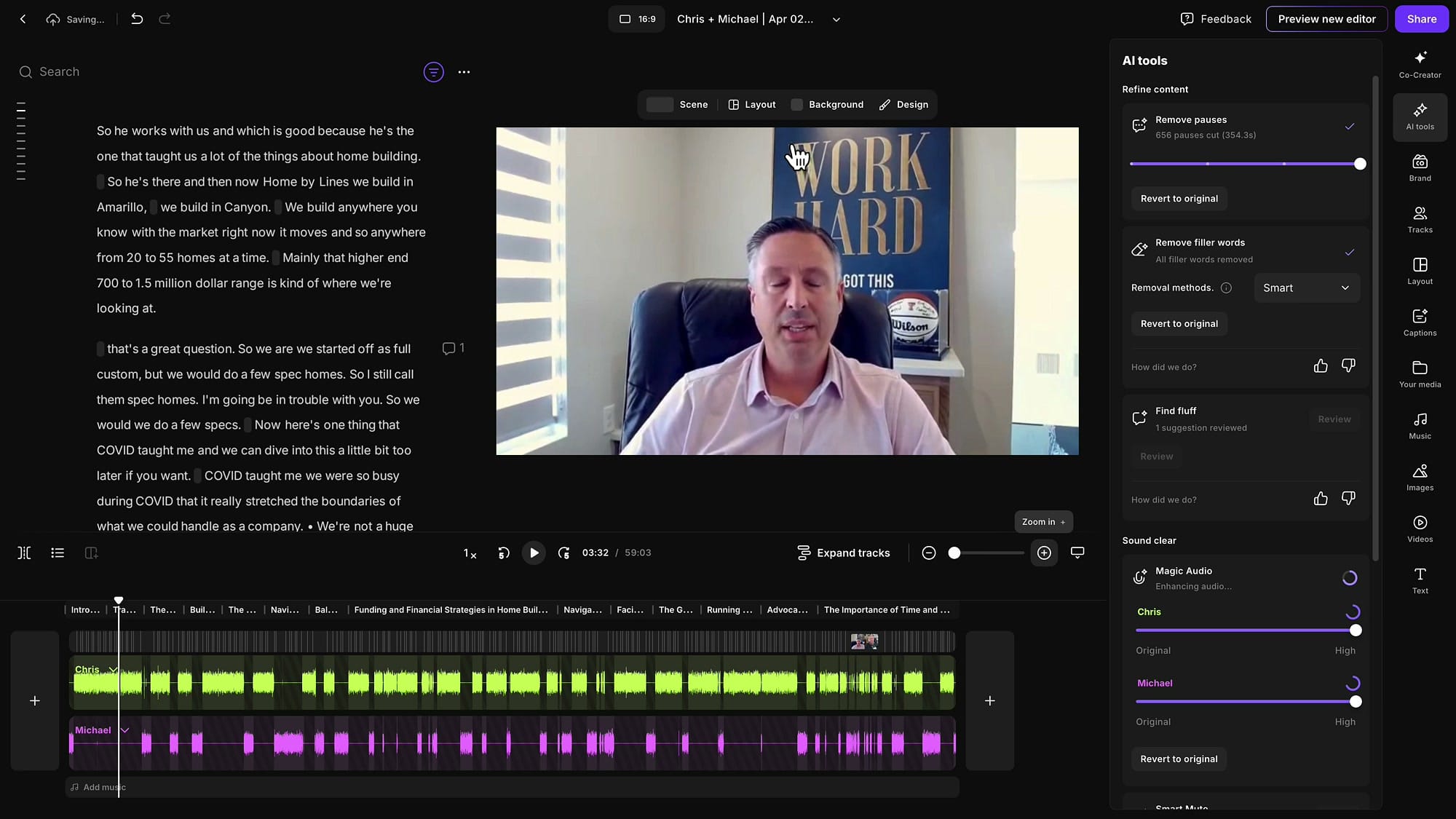 Riverside editor with AI tools panel open showing Remove pauses, Remove filler words, Find fluff, Magic Audio, Smart Mute, and Smart Layouts options