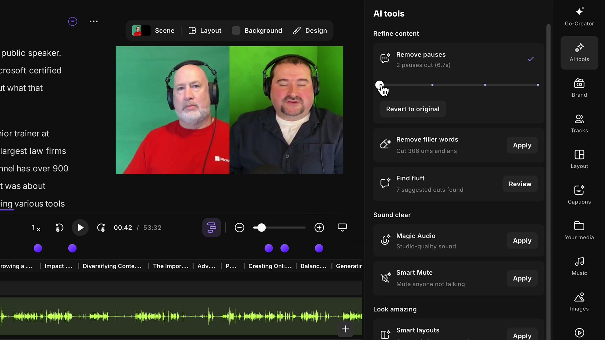 Riverside AI tools panel showing Remove pauses, Remove filler words, Find fluff, Magic Audio, and Smart Mute options