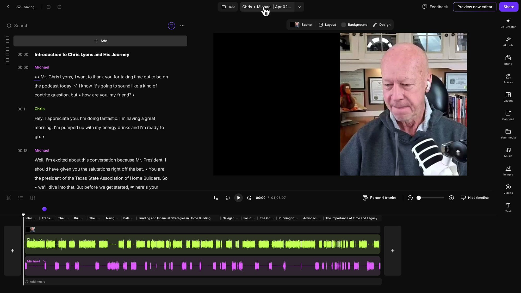 Riverside editor showing a new blank edit with no cuts applied, ready for audio-only editing