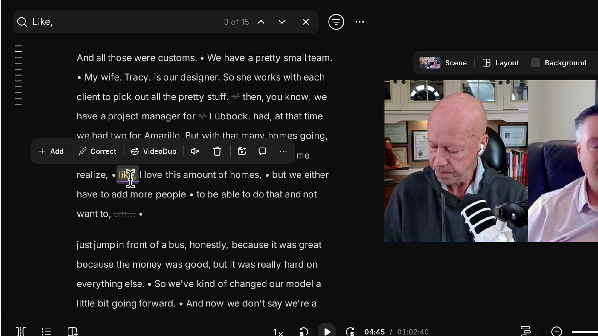 Riverside editor showing the word-level editing toolbar with Add, Correct, VideoDub, Mute, and Delete options for a selected filler word