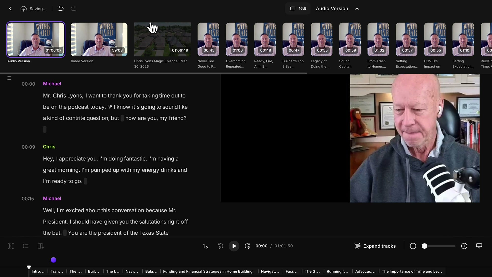 Riverside editor showing the edit switcher drawer at the top with Video Version and Audio Version edits visible as thumbnails