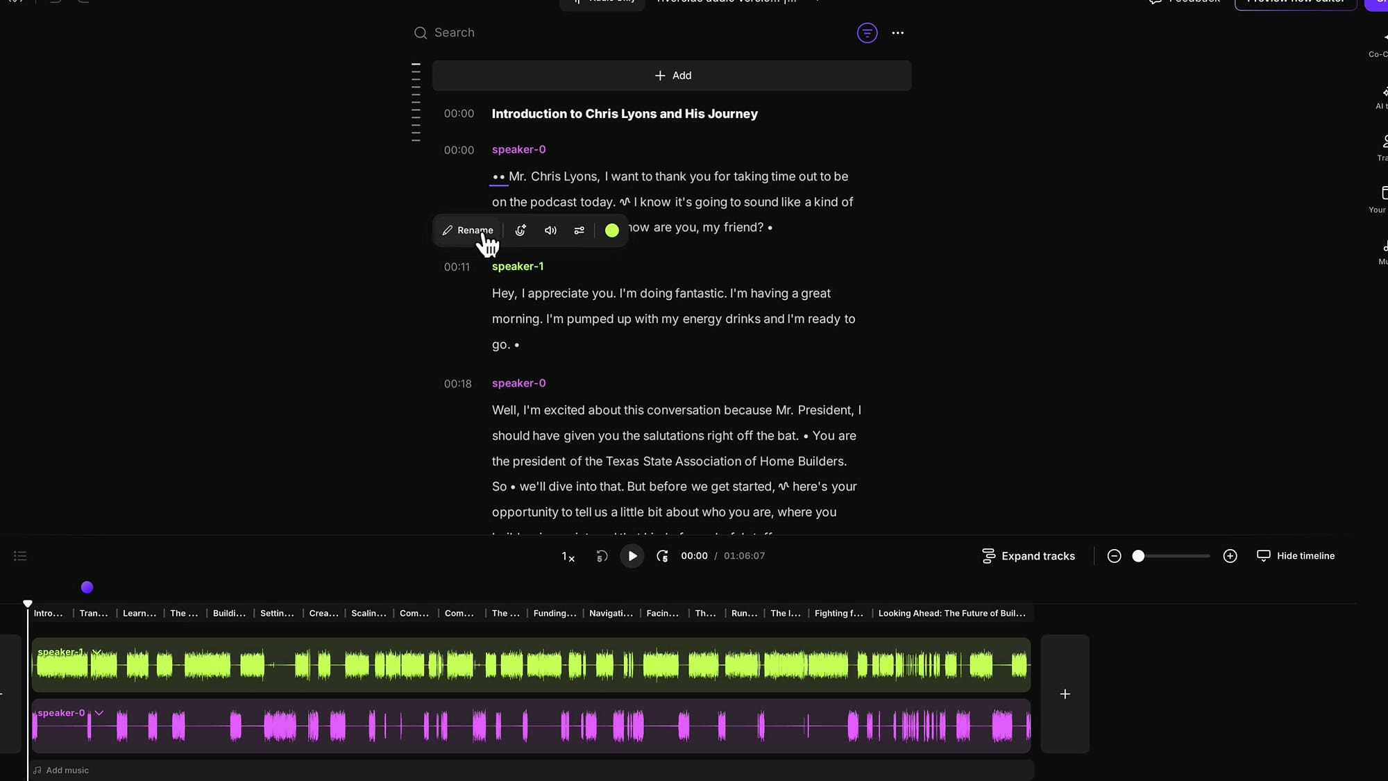 Riverside editor showing transcript with two speakers labeled in different colors, with rename options visible
