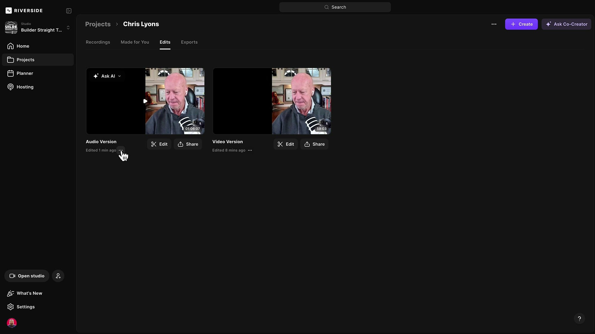 Riverside Edits tab showing both Audio Version and Video Version edits side by side
