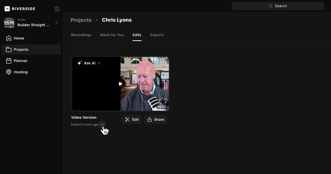 Riverside Edits tab showing the Video Version edit with Edit and Share buttons