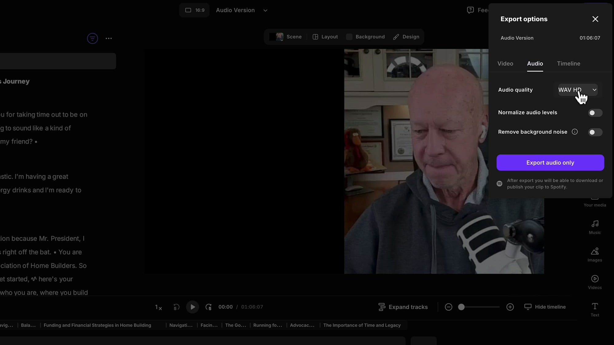 Riverside Export options dialog showing Audio tab selected with WAV HD quality, normalize audio levels, and remove background noise toggles