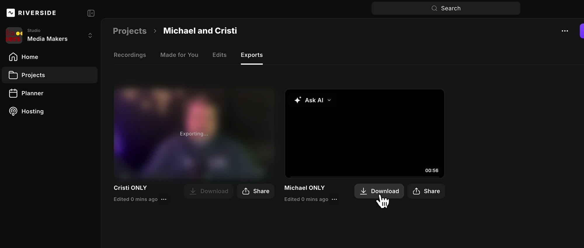 Riverside Exports tab showing Cristi ONLY and Michael ONLY exports with Download buttons