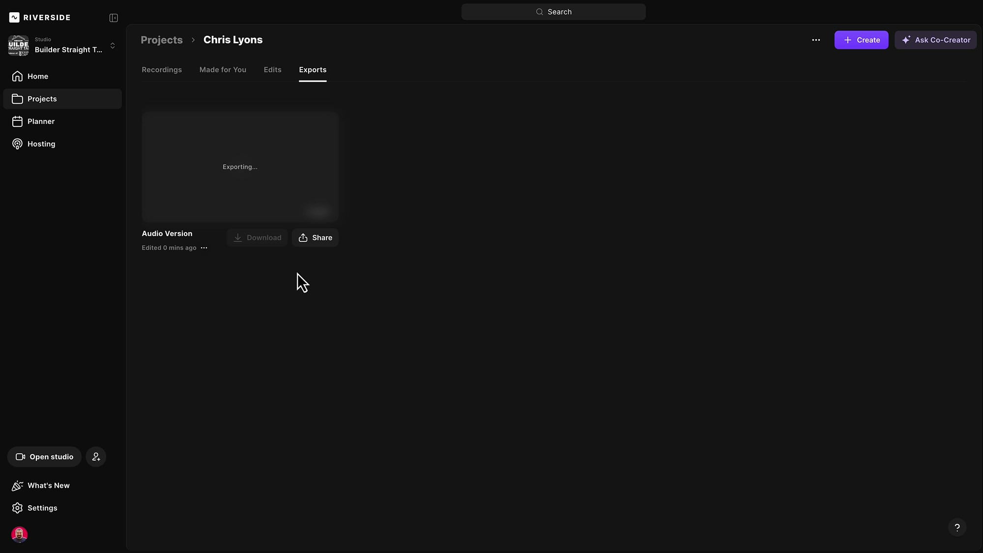 Riverside Exports tab showing Audio Version export in progress