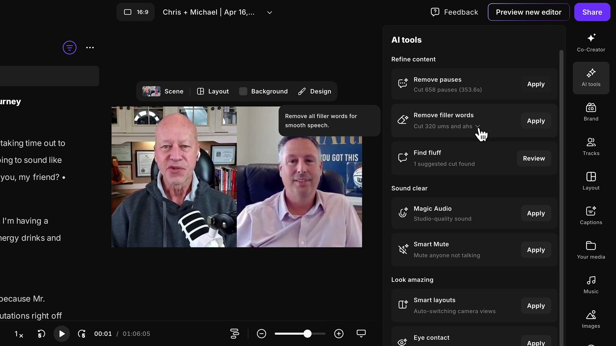 Riverside Removal methods dropdown showing Smart, Cut, and Mute options with descriptions