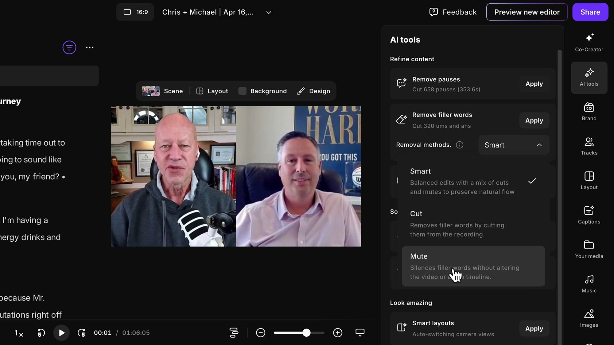 Riverside Remove filler words panel showing sensitivity slider set to maximum All disfluencies level